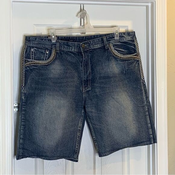 GS115 Mens Jean Shorts Size 42 Bruce Slim Fit Blue Denim Distressed - Picture 3 of 11